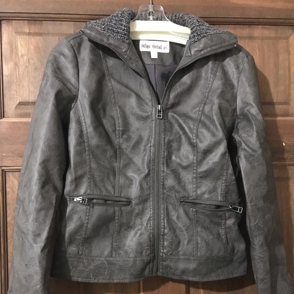 indigo thread faux leather bomber jacket XS